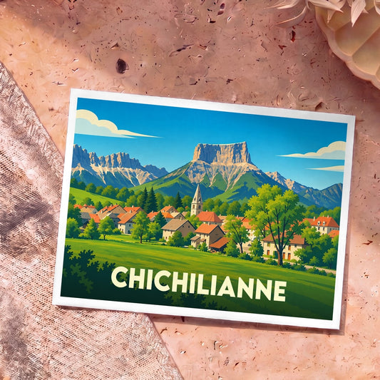 Carte postale souvenir de la ville de Chichilianne illustrant une vue stylisée du mont Aiguille surplombant le village.