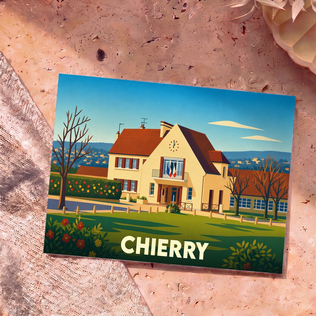 Carte postale souvenir de la ville de Chierry avec une illustration stylisée de sa mairie.
