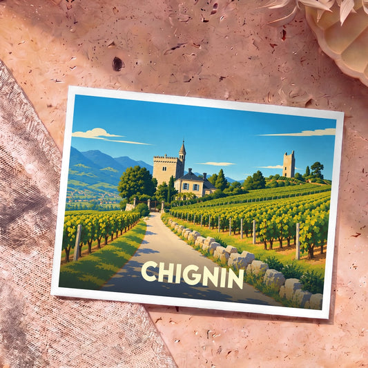 Carte postale souvenir de la ville de Chignin illustrant ses vignobles et ses tours historiques dans un style graphique épuré.