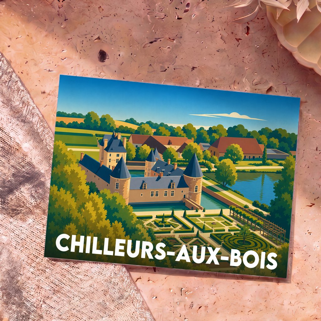 Carte postale souvenir de la ville de Chilleurs-aux-Bois avec une illustration stylisée du château de Chamerolles et de ses jardins.