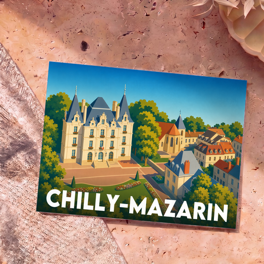 Carte postale souvenir de la ville de Chilly-Mazarin avec une illustration stylisée de son hôtel de ville.