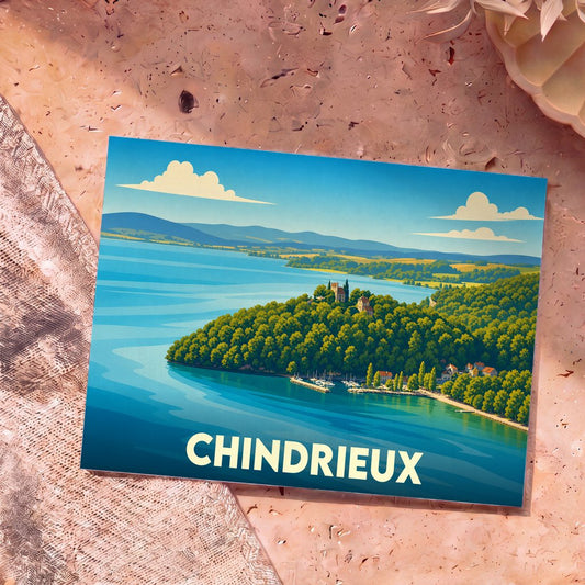 Carte postale souvenir de la ville de Chindrieux avec une illustration stylisée du lac du Bourget.