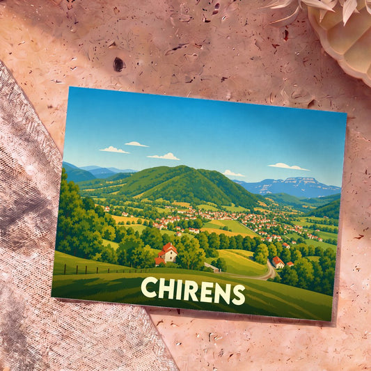 Carte postale souvenir de la ville de Chirens présentant une illustration stylisée de son paysage vallonné.