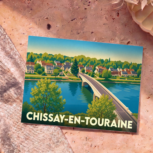 Carte postale souvenir de la ville de Chissay-en-Touraine avec une illustration stylisée d'un pont traversant une rivière.