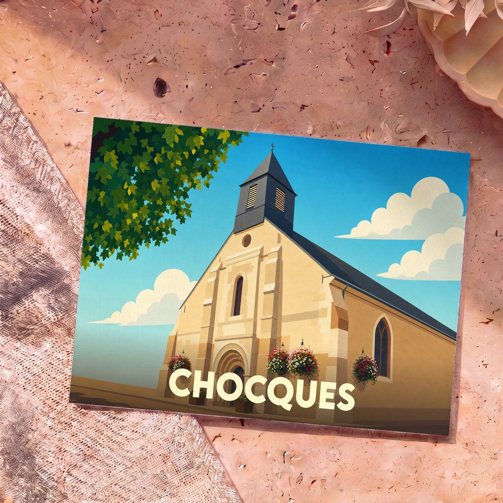 Carte postale souvenir de la ville de Chocques avec une illustration stylisée de son église.