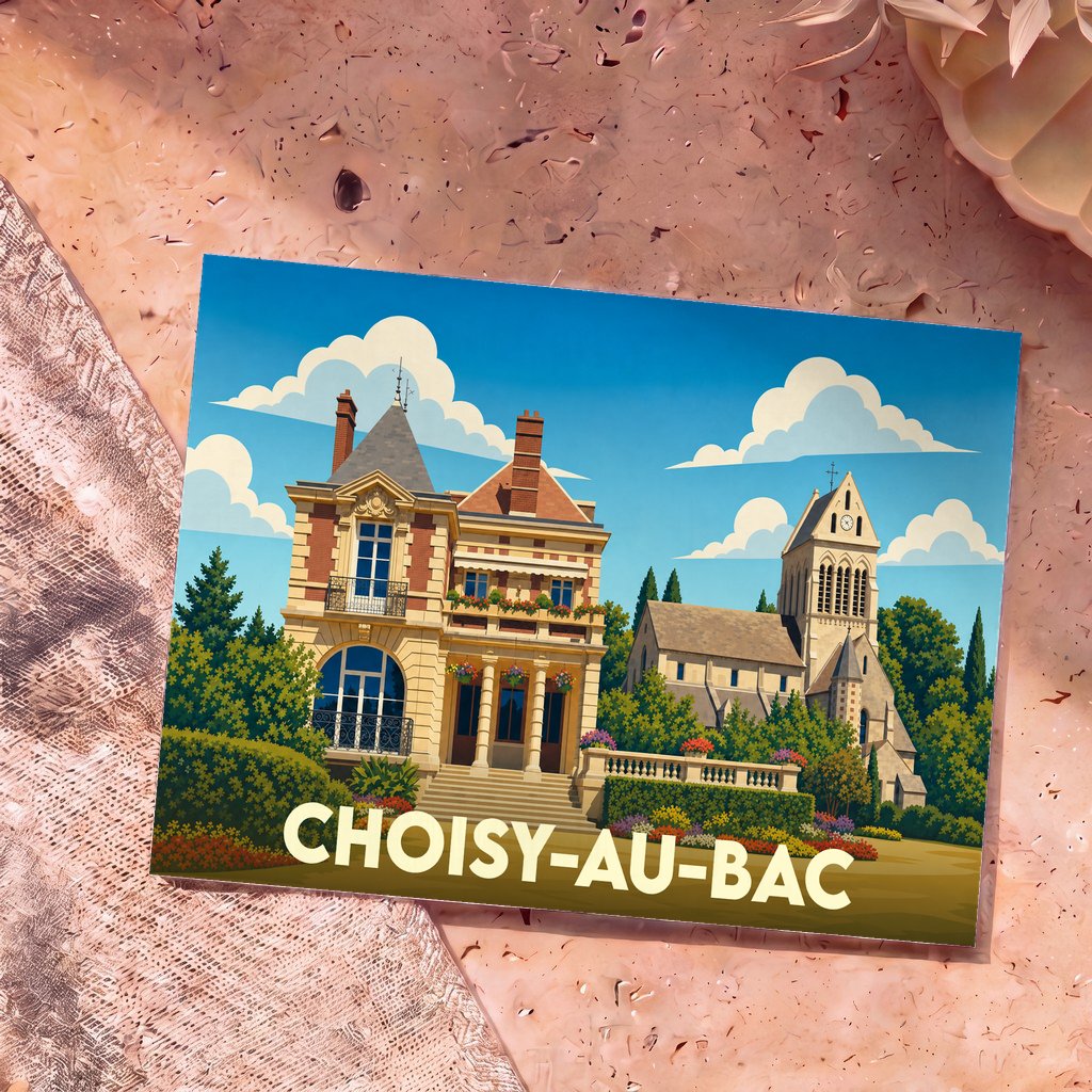 Carte postale souvenir de la ville de Choisy-au-Bac avec une illustration stylisée de son architecture.
