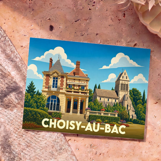 Carte postale souvenir de la ville de Choisy-au-Bac avec une illustration stylisée de son architecture.