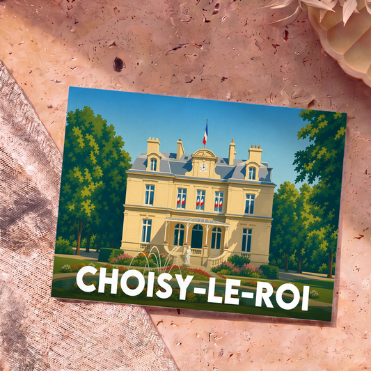 Carte postale souvenir de la ville de Choisy-le-Roi illustrant l'hôtel de ville dans un style graphique épuré.
