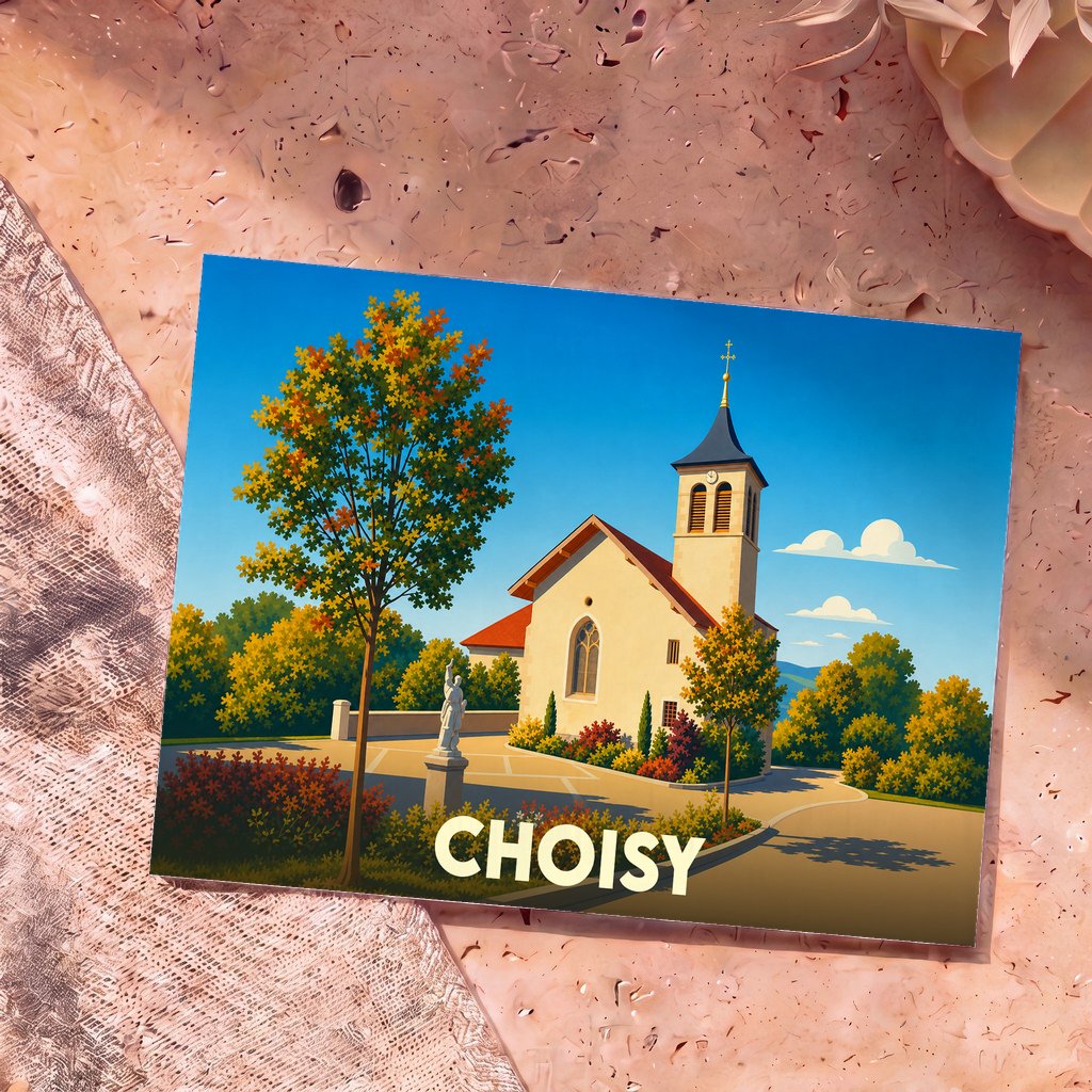 Carte postale souvenir de la ville de Choisy avec une illustration stylisée de son église et d'un arbre aux couleurs automnales.