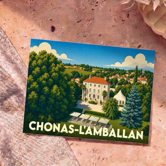 Carte postale souvenir de la ville de Chonas-l'Amballan illustrant un château entouré de verdure dans un style graphique épuré.
