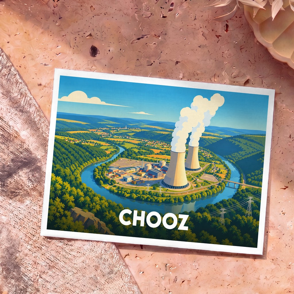 Carte postale souvenir de la ville de Chooz avec une illustration stylisée de sa centrale nucléaire nichée dans une boucle de la Meuse.