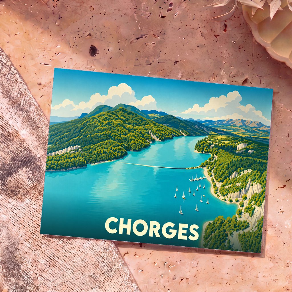 Carte postale souvenir de la ville de Chorges illustrant un lac de montagne aux eaux turquoise entouré de forêts verdoyantes.
