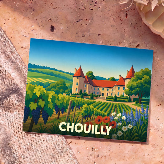 Carte postale souvenir de la ville de Chouilly illustrant un château et ses vignobles dans un style coloré et épuré.