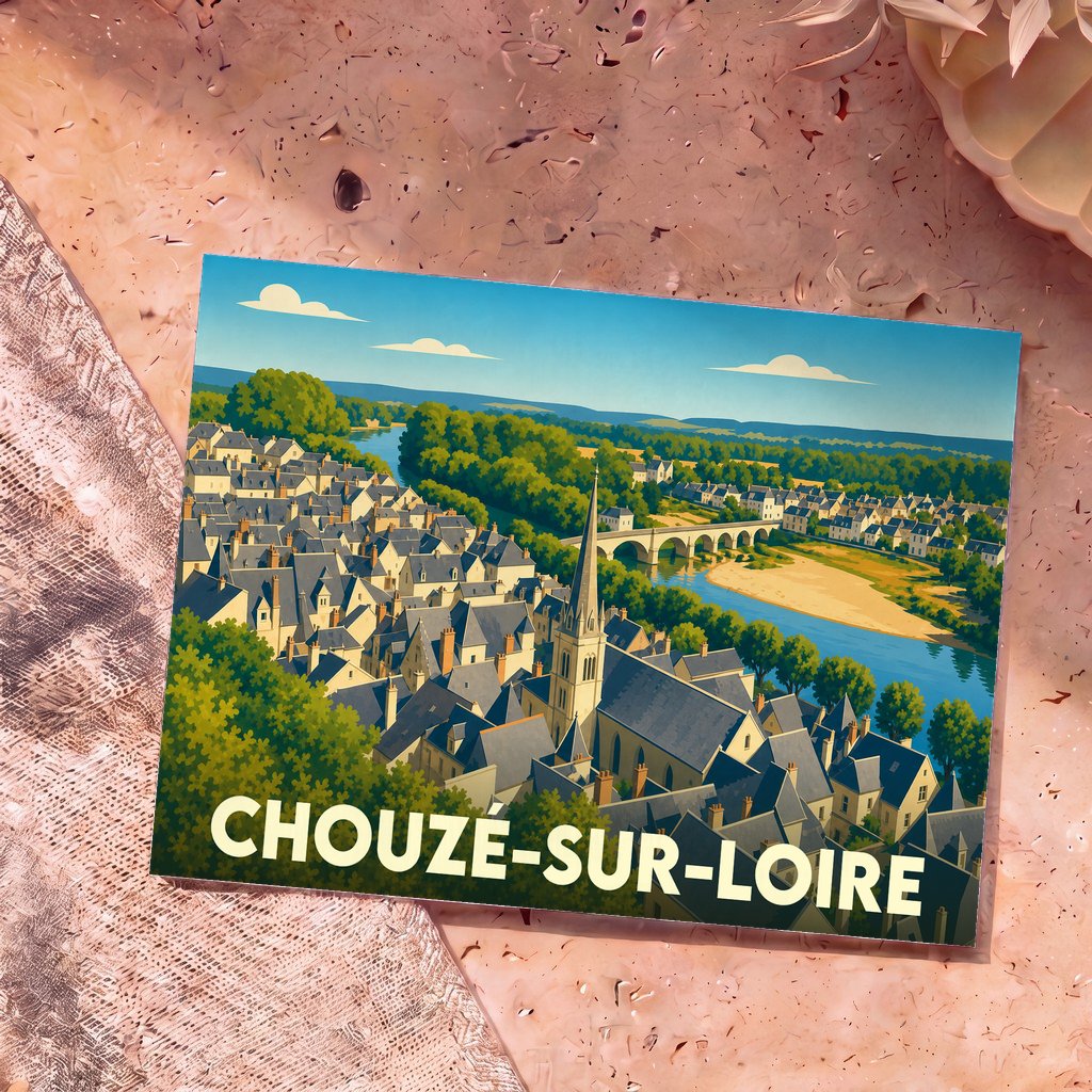 Carte postale souvenir de la ville de Chouzé-sur-Loire avec une illustration stylisée.