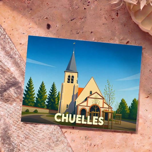 Carte postale souvenir de la ville de Chuelles avec une illustration stylisée de son église sous un ciel bleu.