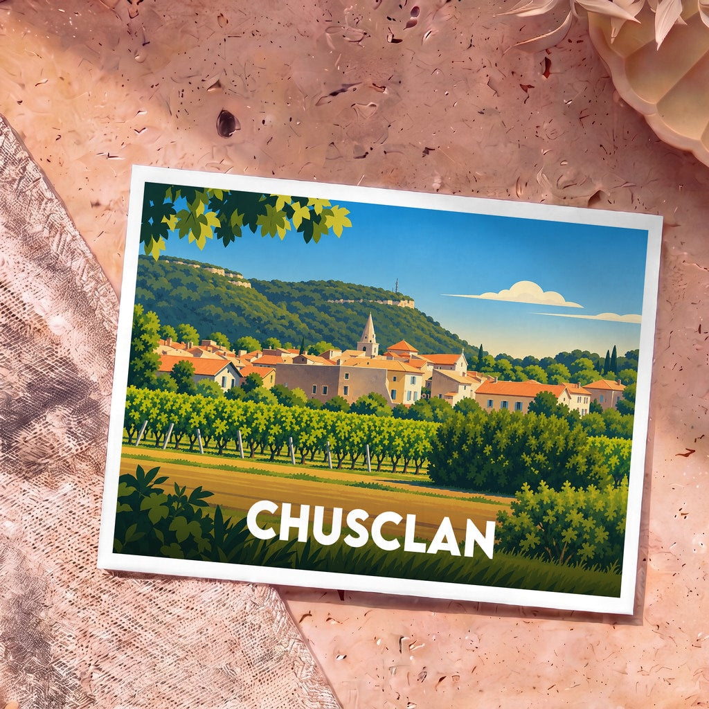 Carte postale souvenir de la ville de Chusclan avec une illustration stylisée de ses vignobles et de son village.