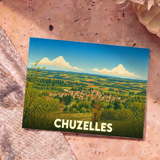 Carte postale souvenir de la ville de Chuzelles avec une illustration stylisée de son paysage vallonné.