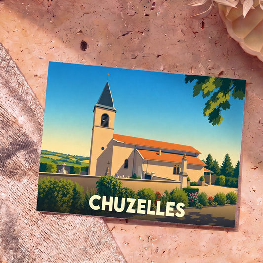 Carte postale souvenir de la ville de Chuzelles illustrant son église avec un graphisme épuré et coloré.