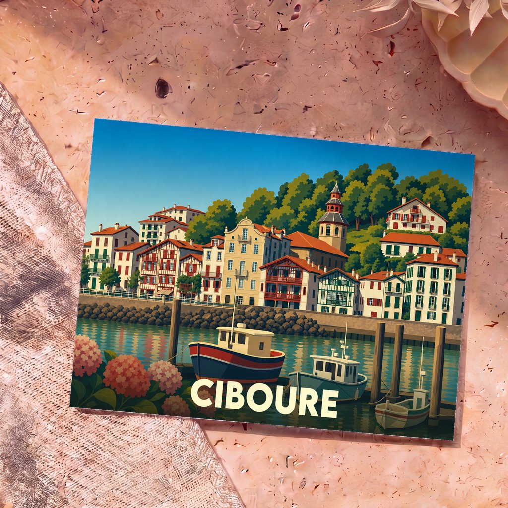 Carte postale souvenir de la ville de Ciboure avec une illustration stylisée de son port et de ses maisons typiques.