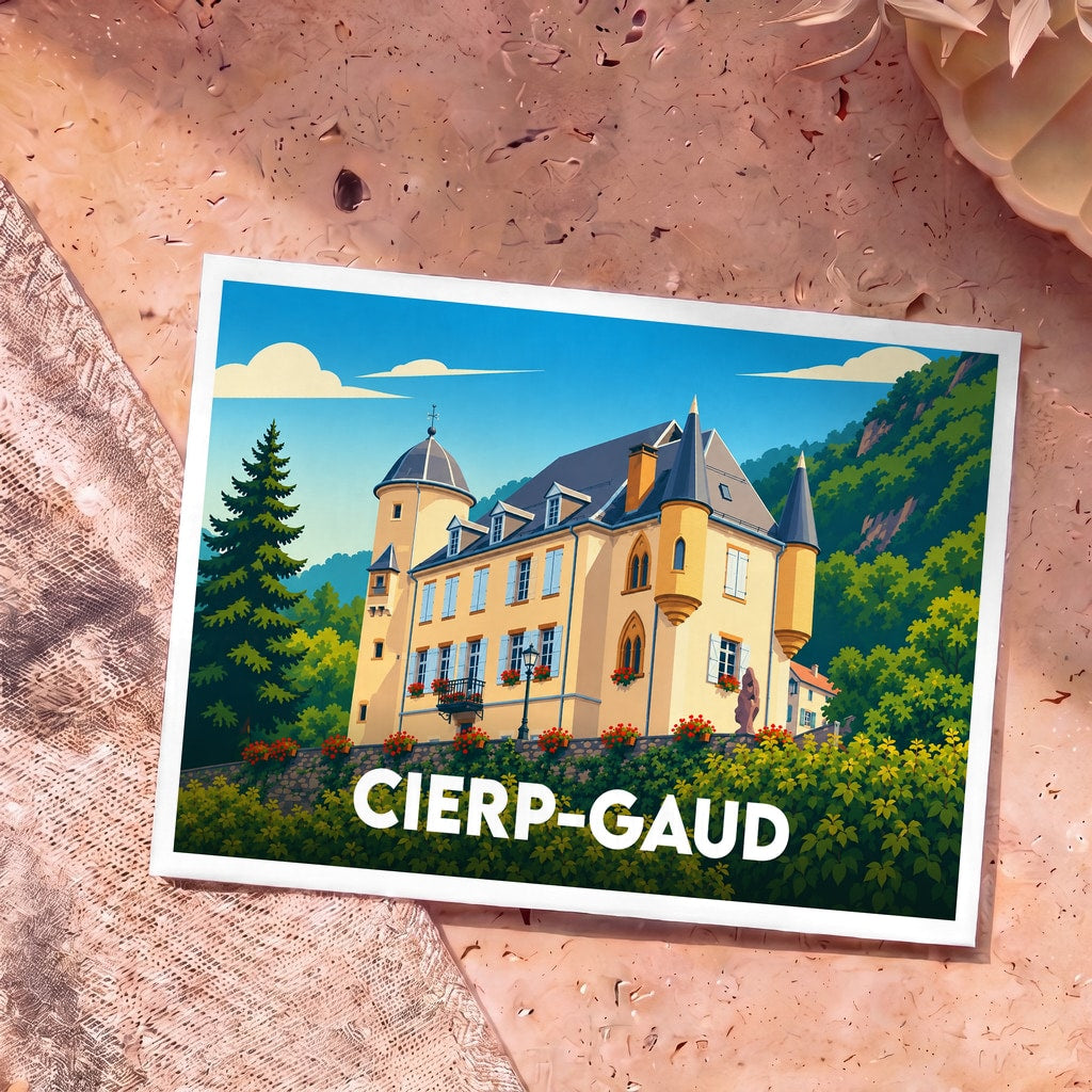 Carte postale souvenir de la ville de Cierp-Gaud illustrant une bâtisse historique dans un style graphique épuré.