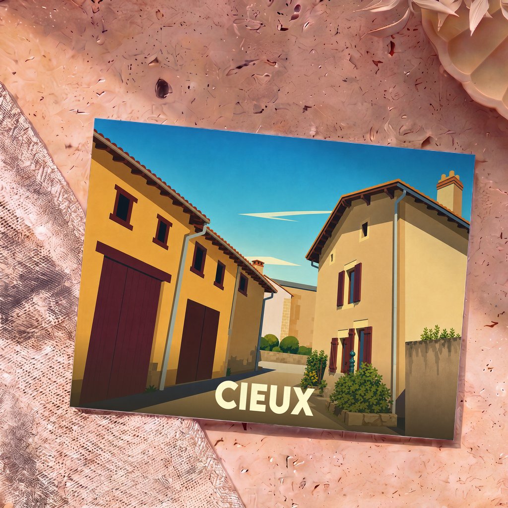 Carte postale souvenir de la ville de Cieux avec une illustration stylisée de bâtiments anciens sous un ciel bleu.