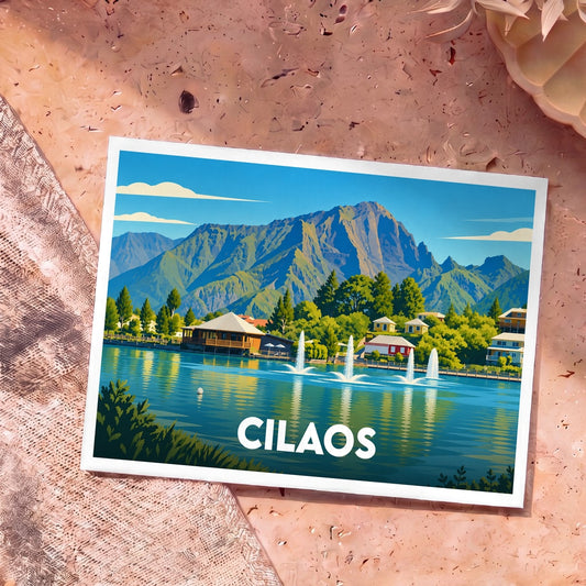 Carte postale souvenir de la ville de Cilaos illustrant un paysage de montagne et son lac.
