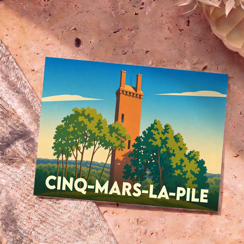 Carte postale souvenir de la ville de Cinq-Mars-la-Pile illustrant sa célèbre pile romaine et un paysage arboré dans un style épuré.