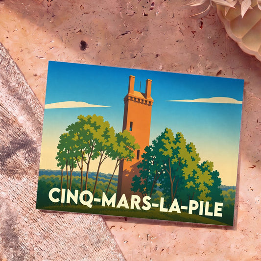 Carte postale souvenir de la ville de Cinq-Mars-la-Pile illustrant sa célèbre pile romaine et un paysage arboré dans un style épuré.