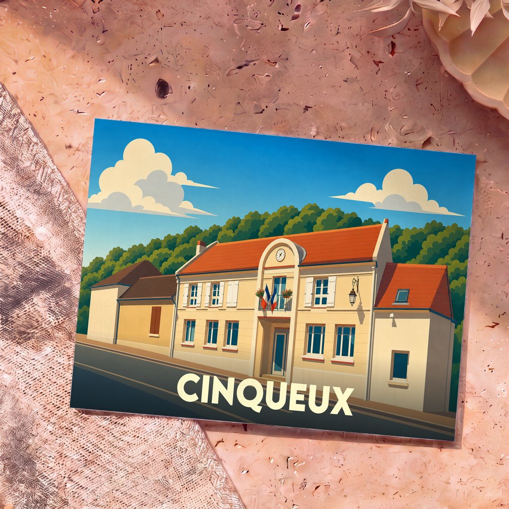 Carte postale souvenir de la ville de Cinqueux arborant une illustration stylisée de sa mairie sous un ciel azuré.