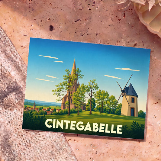 Carte postale souvenir de la ville de Cintegabelle avec une illustration stylisée représentant son église et un moulin.
