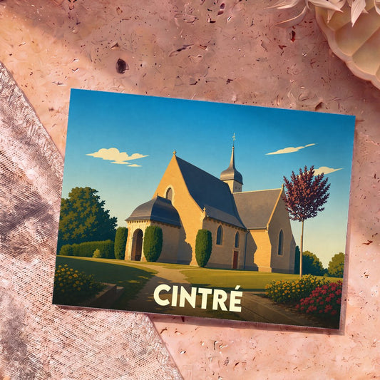 Carte postale souvenir de la ville de Cintré avec une illustration stylisée de son église sous un ciel bleu.