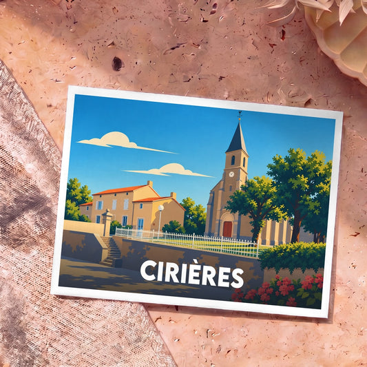 Carte postale souvenir de la ville de Cirières avec une illustration stylisée.