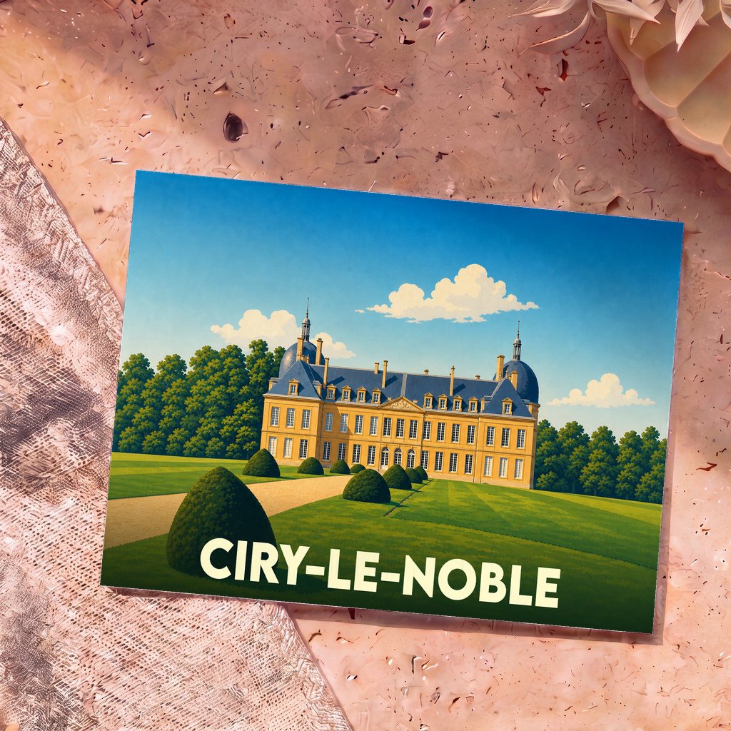 Carte postale souvenir de la ville de Ciry-le-Noble avec une illustration stylisée d'un château et de ses jardins.