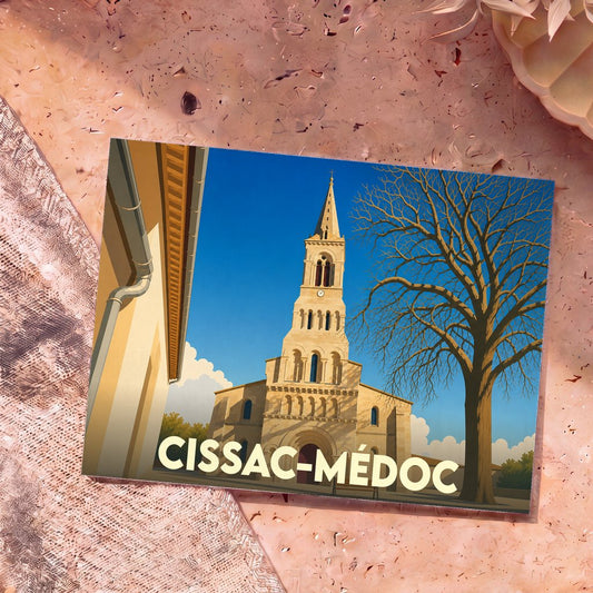 Carte postale souvenir de la ville de Cissac-Médoc avec une illustration stylisée de son église et d'un grand arbre.