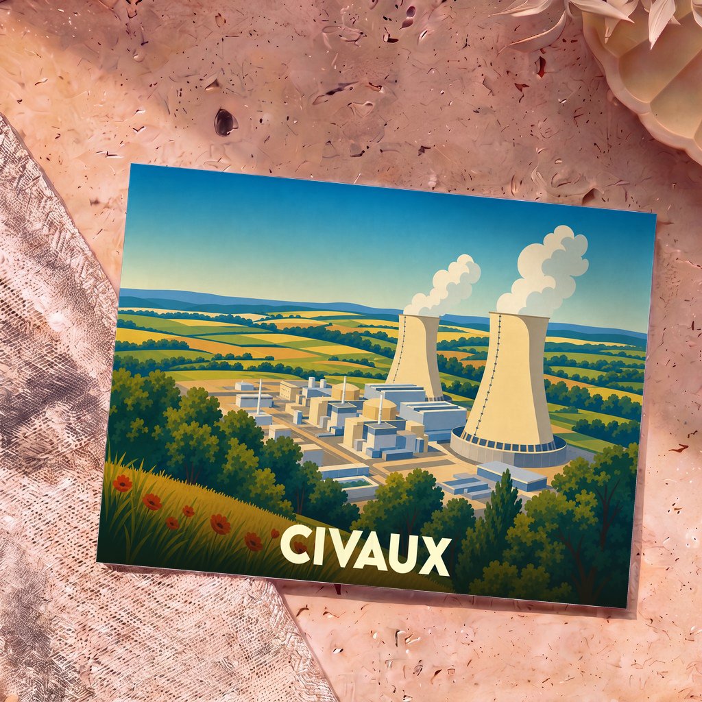 Carte postale souvenir de la ville de Civaux illustrant sa centrale nucléaire dans un style graphique et coloré.