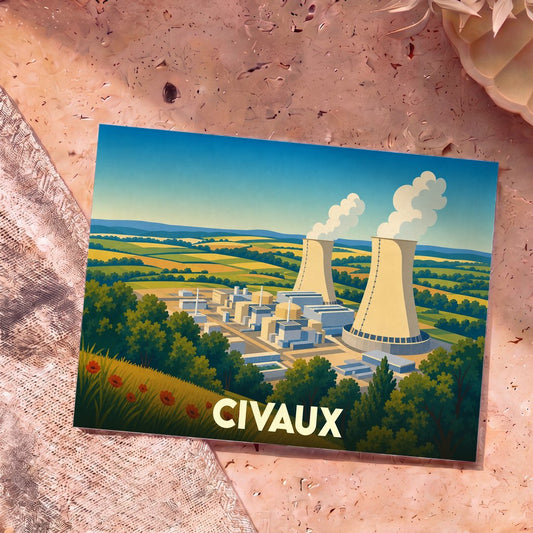 Carte postale souvenir de la ville de Civaux illustrant sa centrale nucléaire dans un style graphique et coloré.