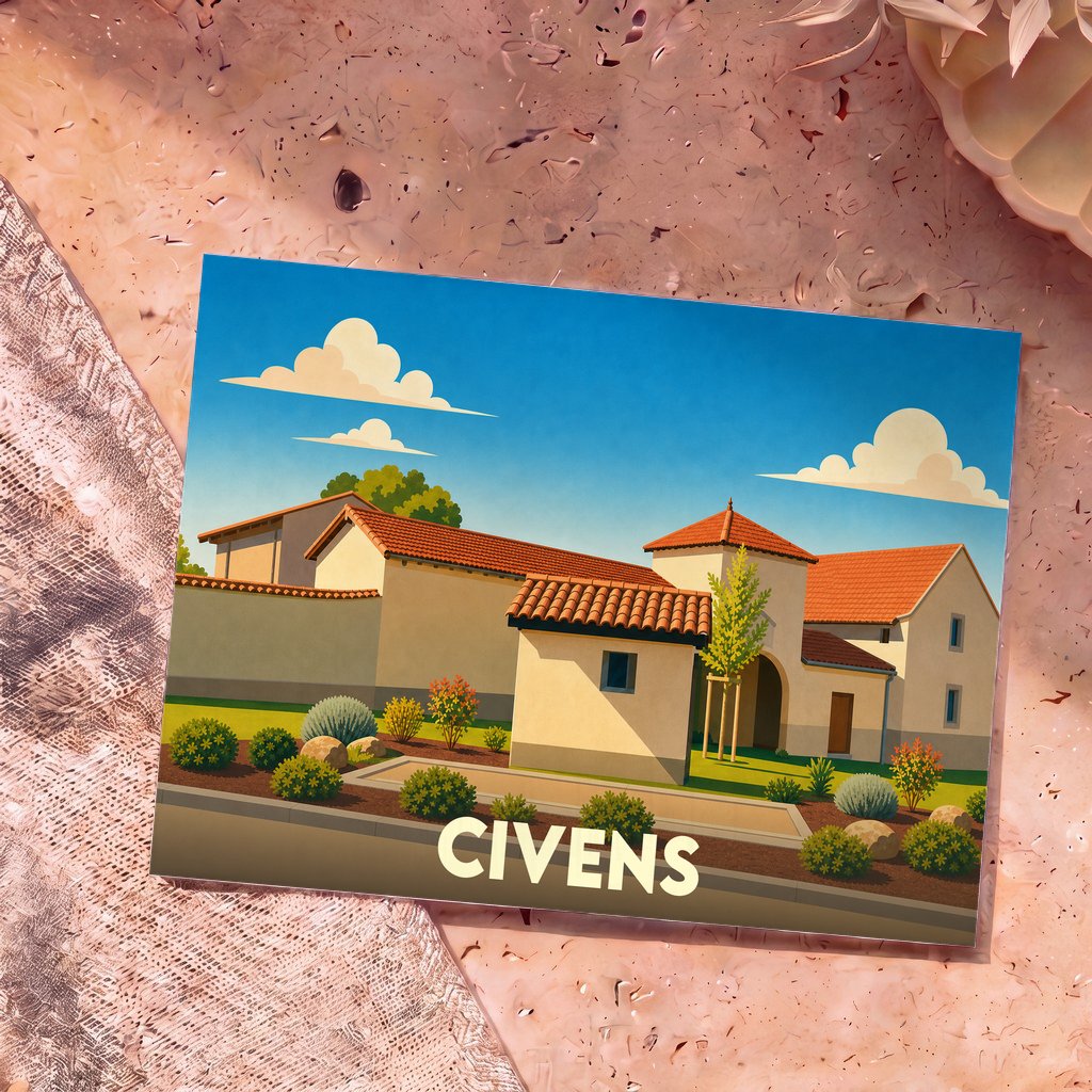 Carte postale souvenir de la ville de Civens avec une illustration stylisée de maisons provençales.