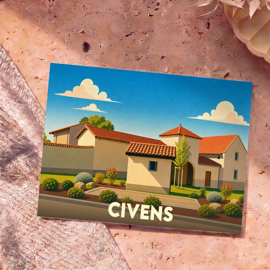 Carte postale souvenir de la ville de Civens avec une illustration stylisée de maisons provençales.