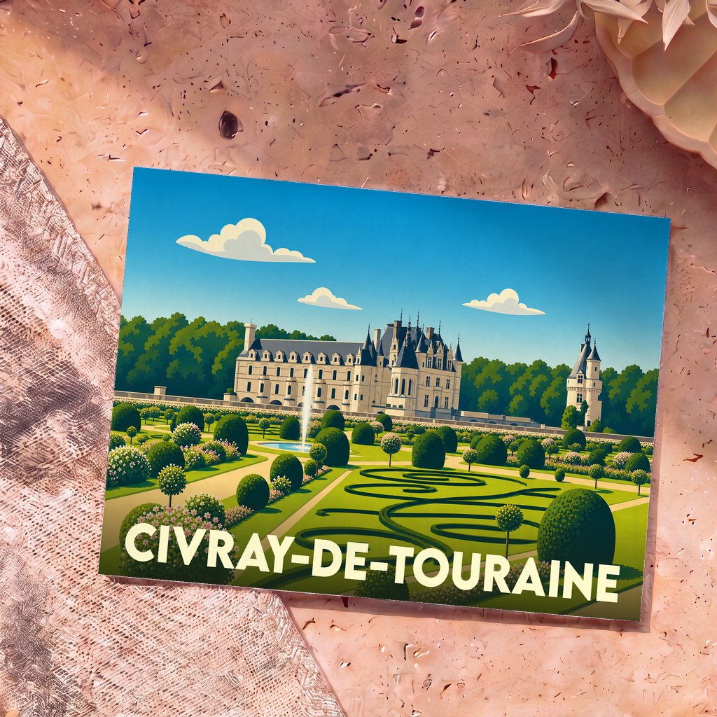 Carte postale souvenir de la ville de Civray-de-Touraine illustrant un château et ses jardins à la française dans un style graphique épuré.