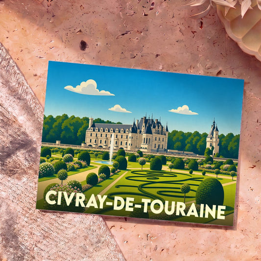 Carte postale souvenir de la ville de Civray-de-Touraine illustrant un château et ses jardins à la française dans un style graphique épuré.