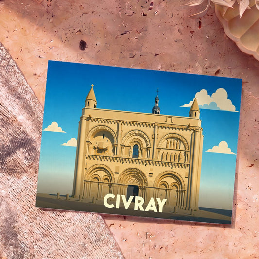 Carte postale souvenir de la ville de Civray illustrant son église romane dans un style graphique épuré.