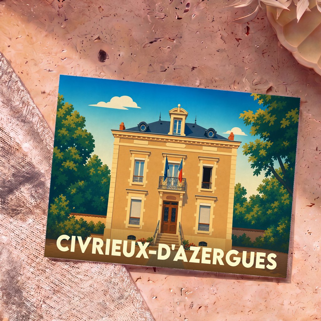 Carte postale souvenir de Civrieux-d'Azergues avec une illustration stylisée de sa mairie.