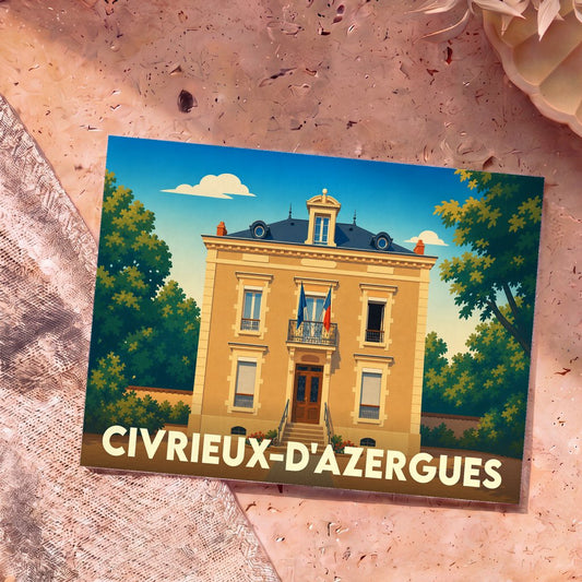 Carte postale souvenir de Civrieux-d'Azergues avec une illustration stylisée de sa mairie.