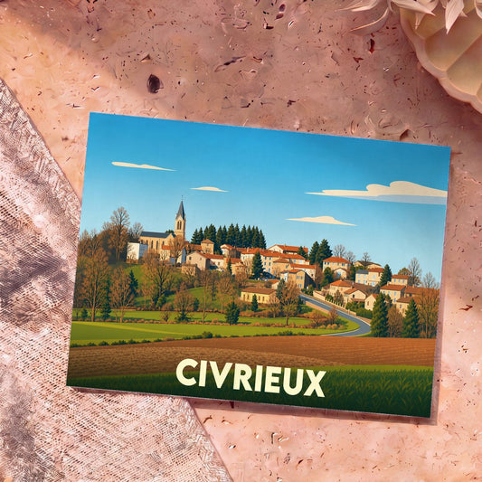 Carte postale souvenir de la ville de Civrieux avec une illustration stylisée d'un village vallonné.