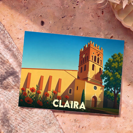 Carte postale souvenir de la ville de Claira avec une illustration stylisée de son église sous un ciel bleu.