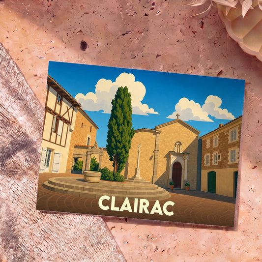 Carte postale souvenir de la ville de Clairac avec une illustration stylisée de sa place centrale.