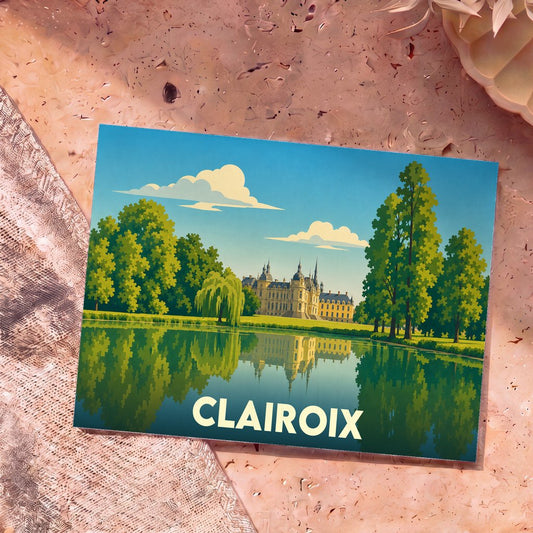 Carte postale souvenir de la ville de Clairoix illustrée par un château se reflétant dans l'eau.