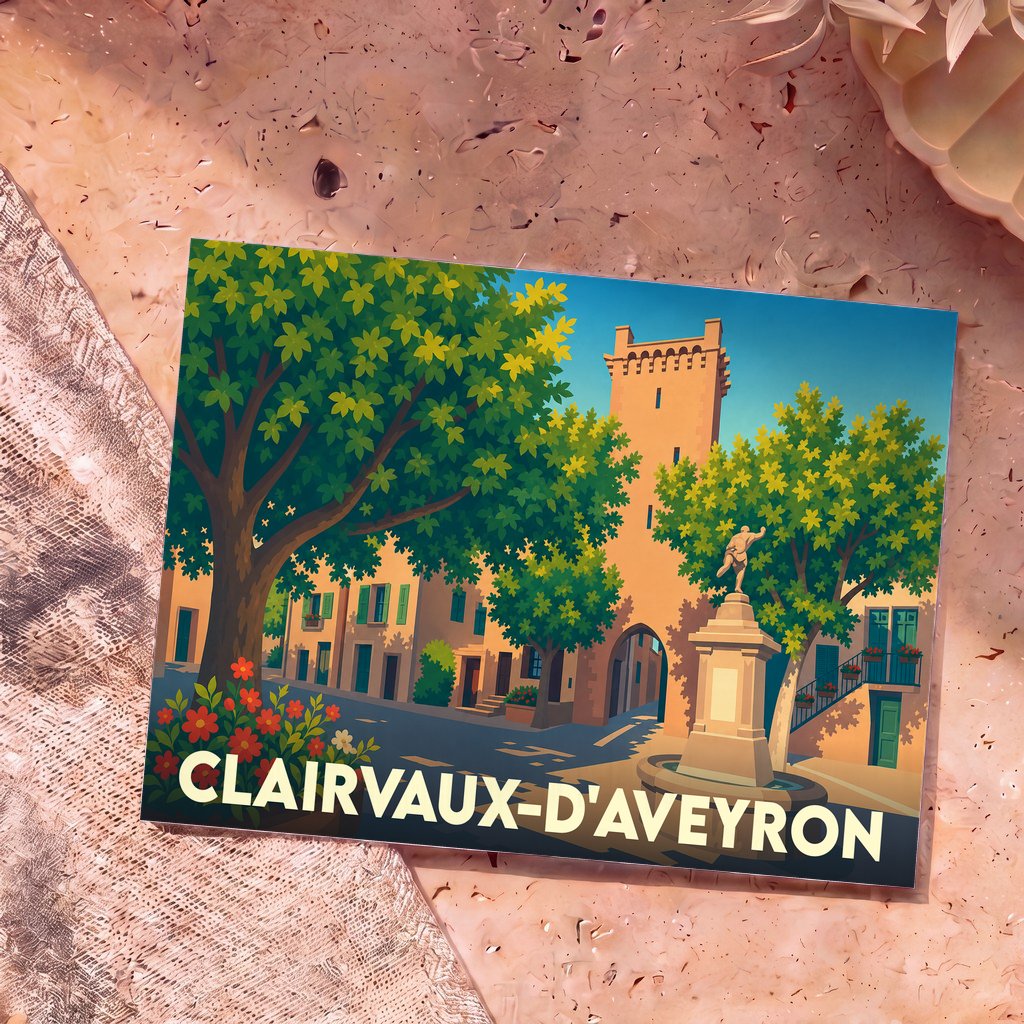 Carte postale souvenir de Clairvaux-d'Aveyron avec une illustration stylisée de sa tour médiévale et d'une place ombragée.