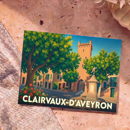 Carte postale souvenir de Clairvaux-d'Aveyron avec une illustration stylisée de sa tour médiévale et d'une place ombragée.
