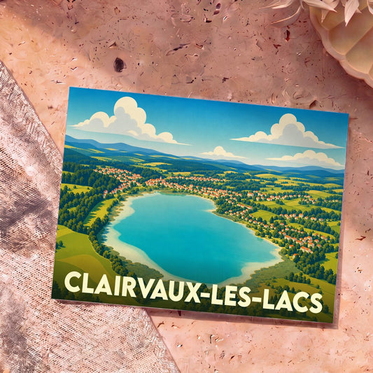 Carte postale souvenir de Clairvaux-les-Lacs avec une illustration stylisée de son lac et de ses paysages verdoyants.